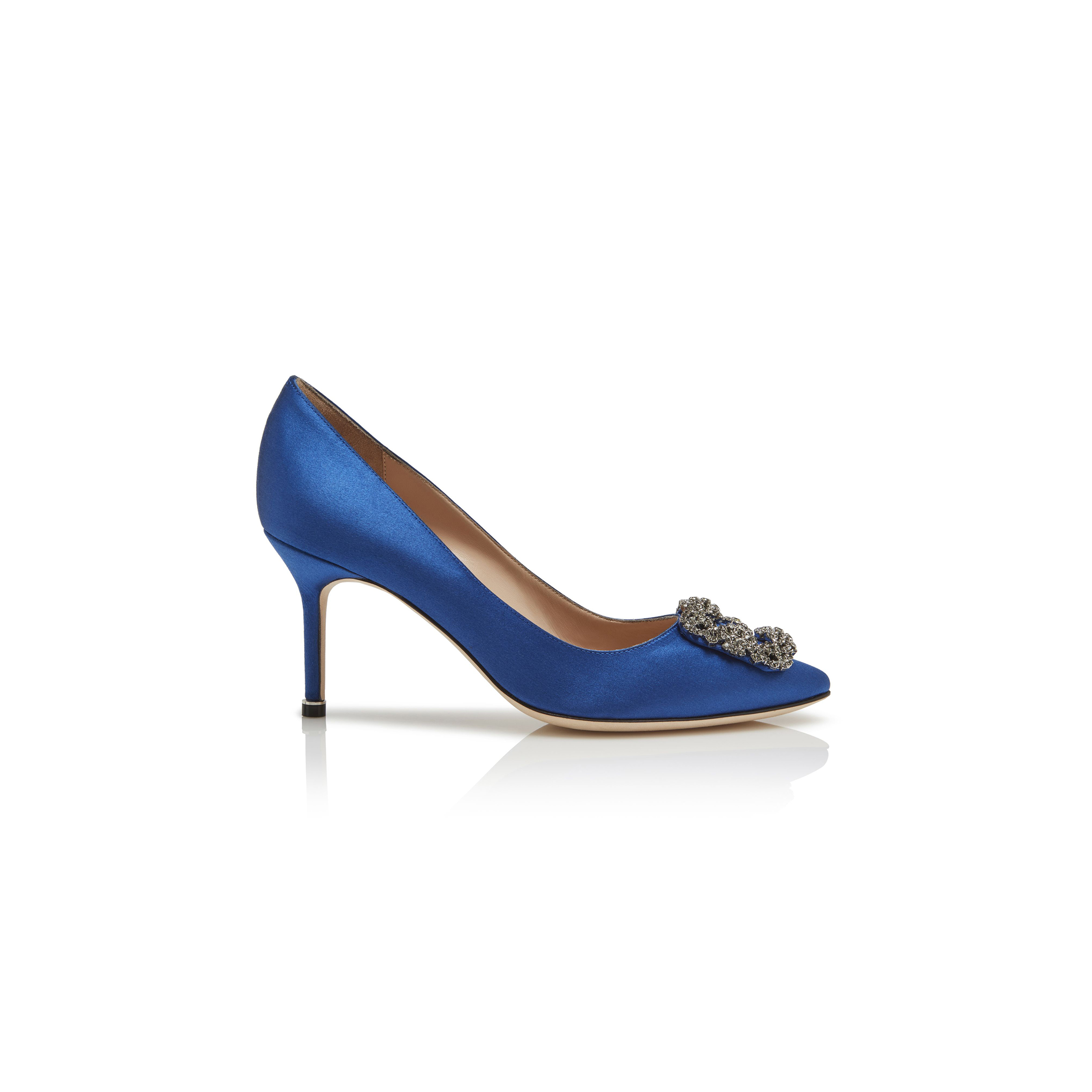 MANOLO BLAHNIK HANGISI 70 BLUE SATIN JEWEL BUCKLE PUMPS 9XX-0662-0053